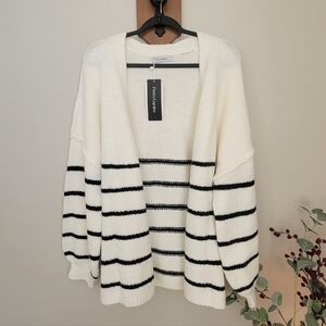 White & Black Striped Open-Front Knit Cardigan -